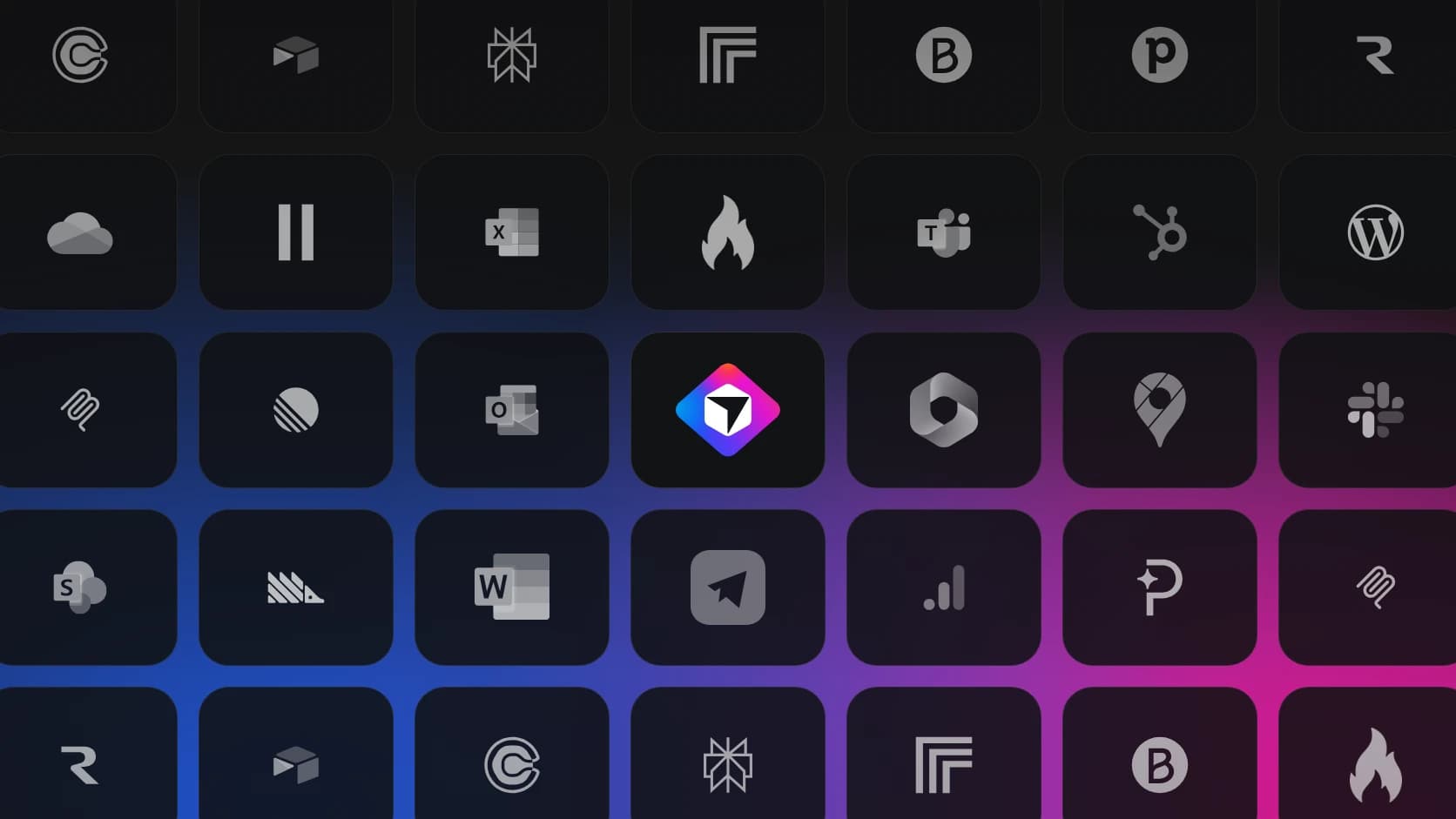 A grid of supported service logos surrounds the coloured Mythos mark on dark tiles.
