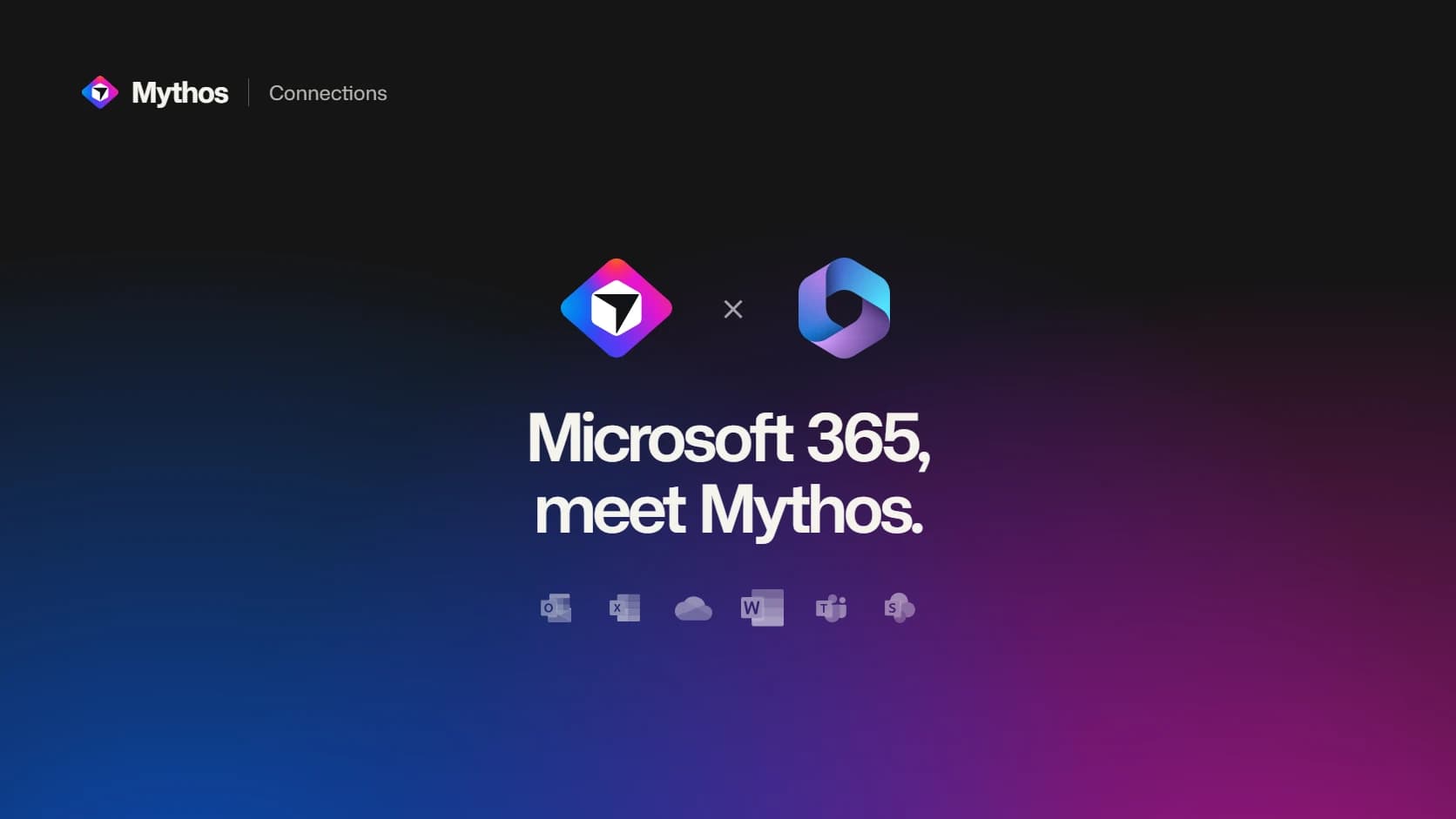 Mythos and Microsoft 365 marks above six Microsoft service icons on a dark blue and pink background.