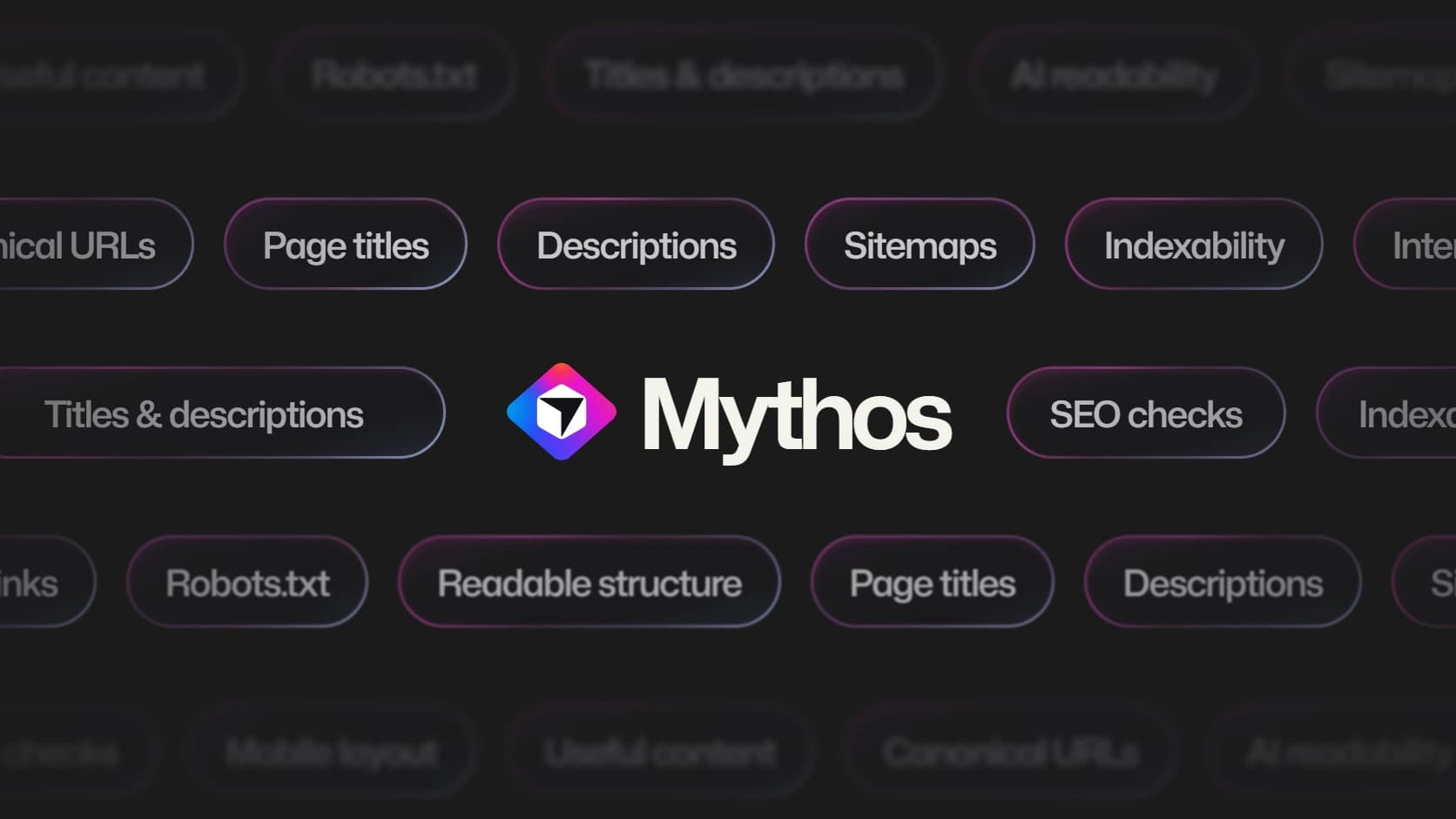 The Mythos mark sits among illuminated labels for titles, descriptions, sitemaps and other SEO checks.