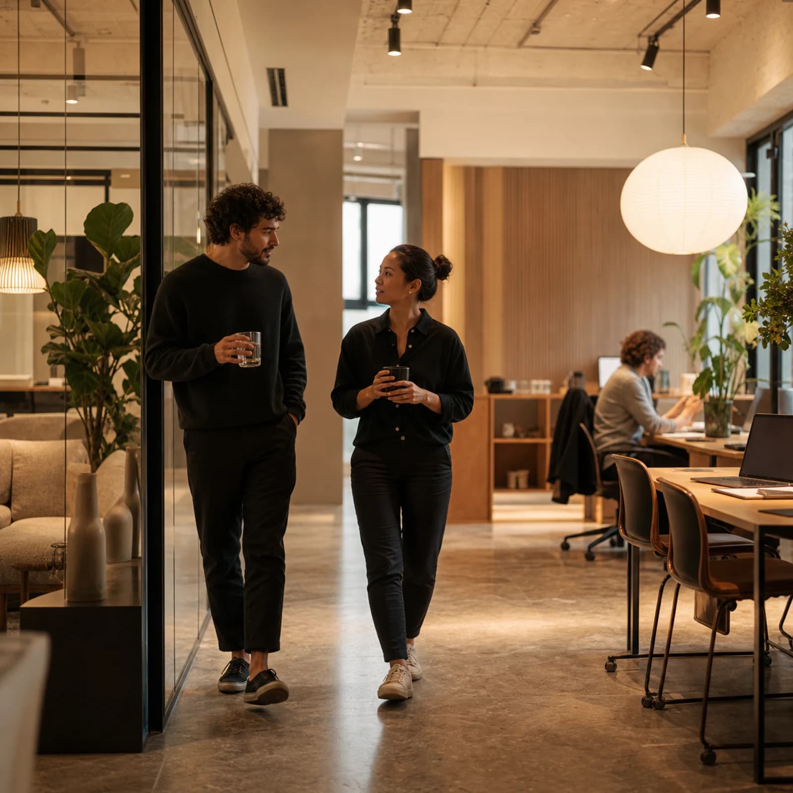 Two teammates walking through a warm studio workspace