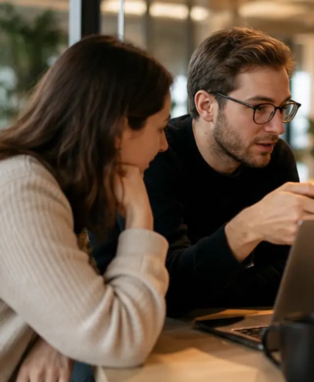 Two Mythos teammates reviewing product details at a laptop