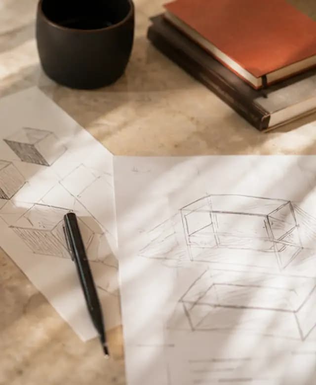 Product sketches, a notebook, and tools on a warm studio desk