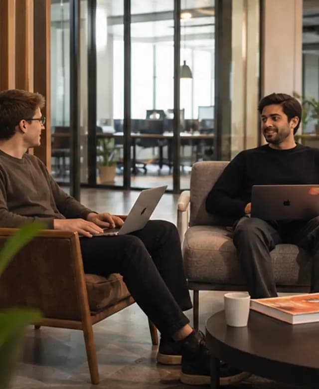 Two teammates talking through work in a quiet lounge