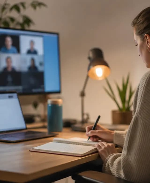 A remote work desk setup with notebook, plant, and video call glow