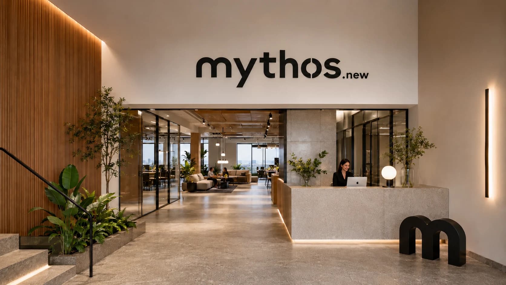 A branded Mythos studio lobby with warm wood, plants, and reception lighting