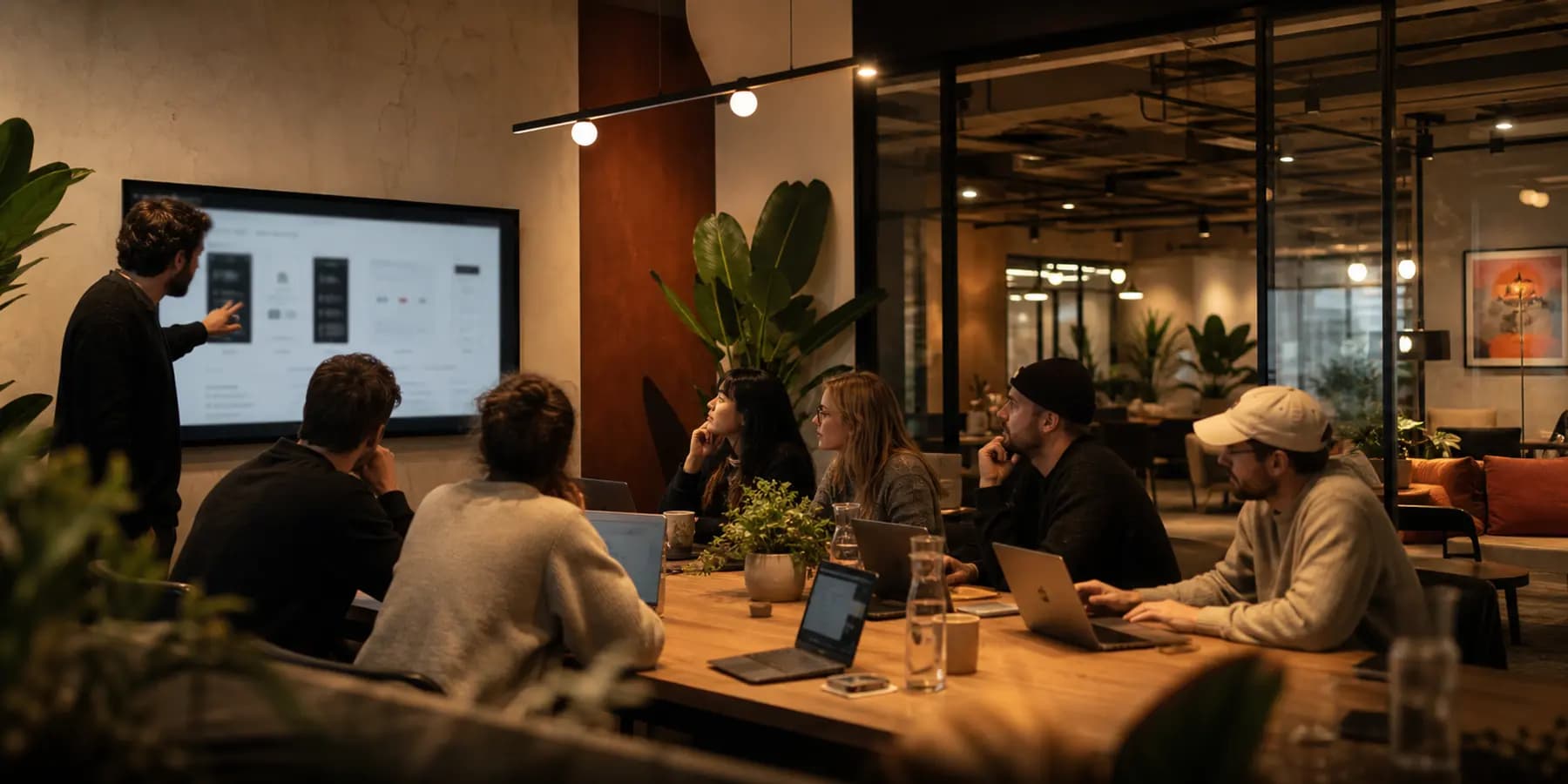 Mythos teammates reviewing launch work in a warm studio room