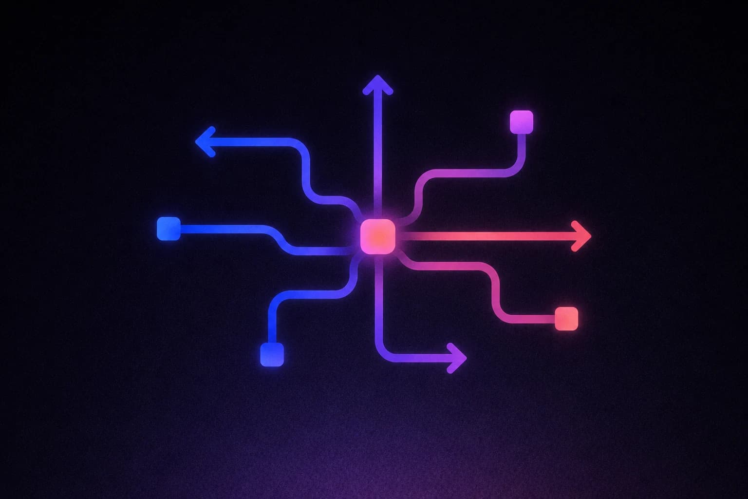 Blue and pink workflow paths branching from a central square