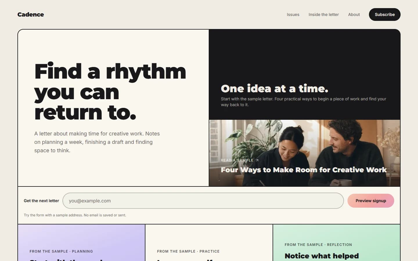 Cadence newsletter landing page with a card grid, sample issue and email signup form