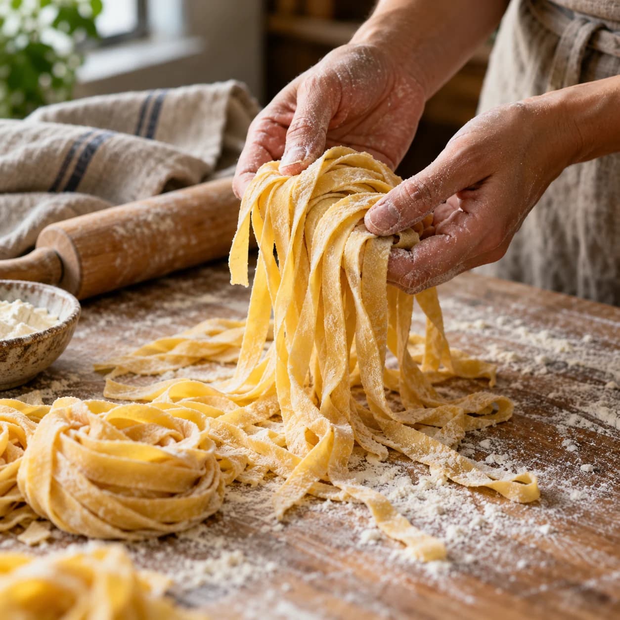 Fresh pasta on a kitchen worktop, from the FENN food blog template