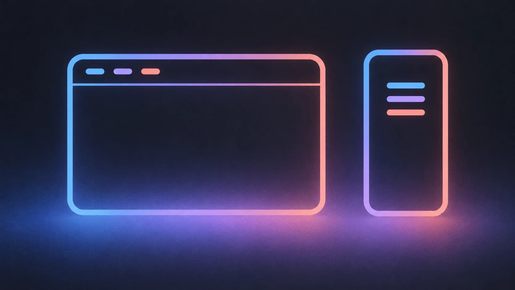 A wide browser navigation bar beside a tall mobile menu, outlined in blue, lavender and coral on charcoal.