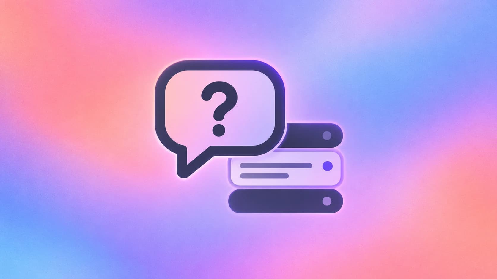A question-mark speech bubble overlapping three accordion rows on a soft coral, lavender and blue gradient.