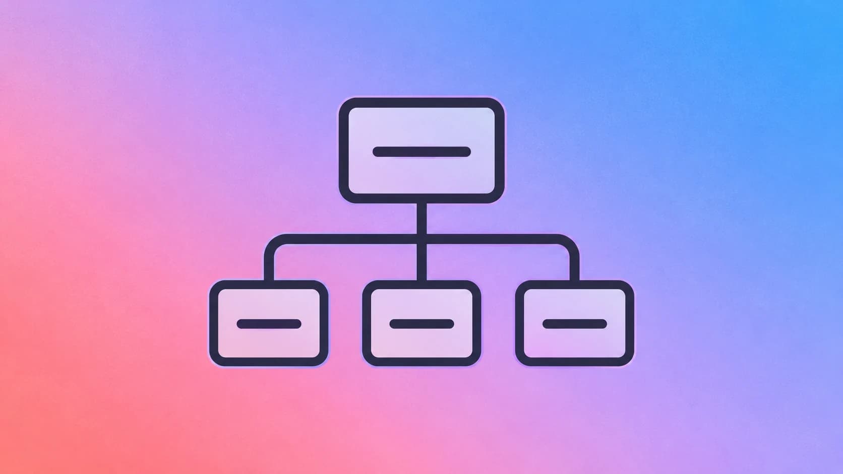 A website tree with one page connected to three child pages on a coral, lavender and blue gradient.