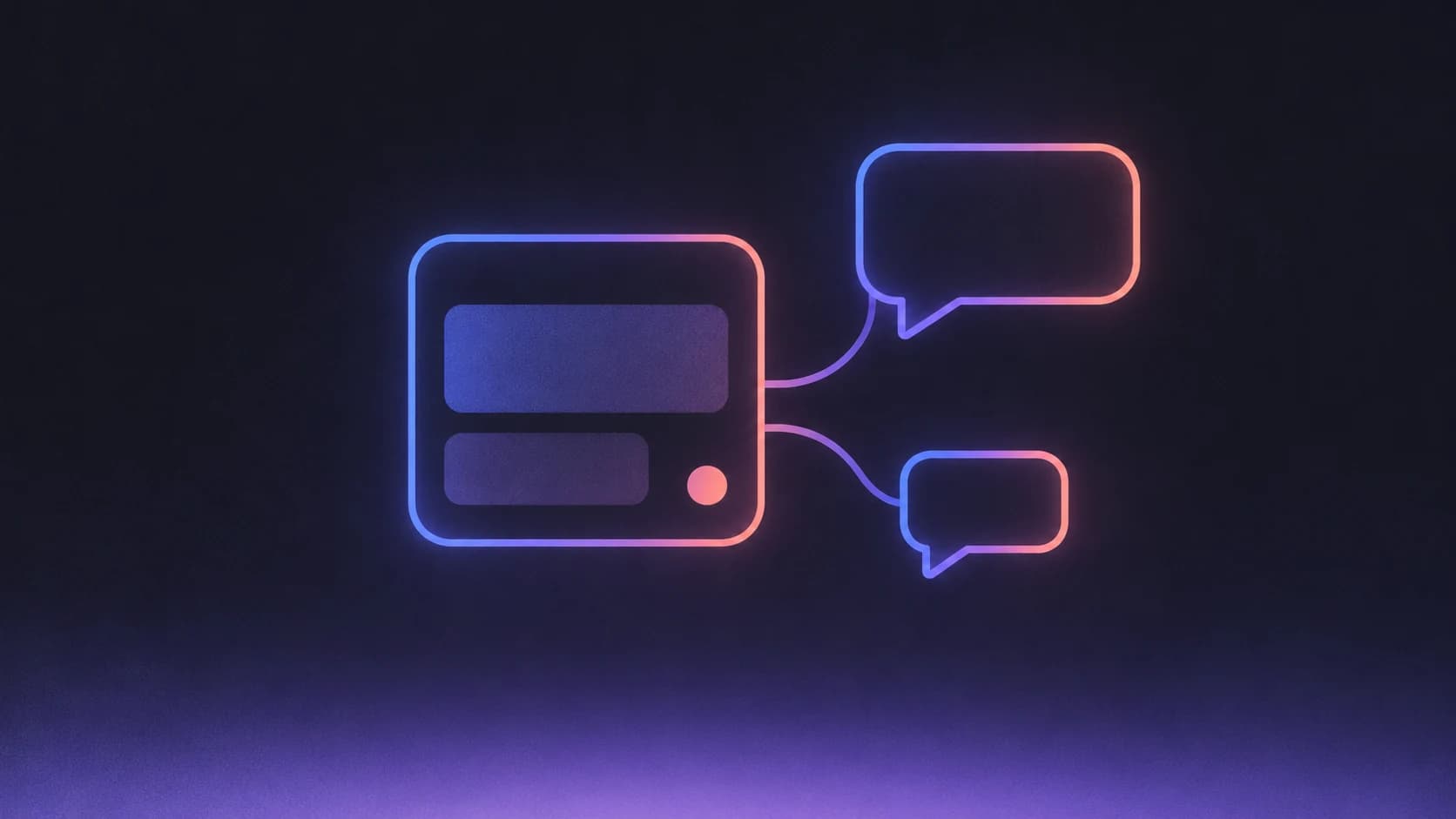 An abstract app prototype connected to two empty feedback bubbles, outlined in blue, lavender and coral on charcoal.