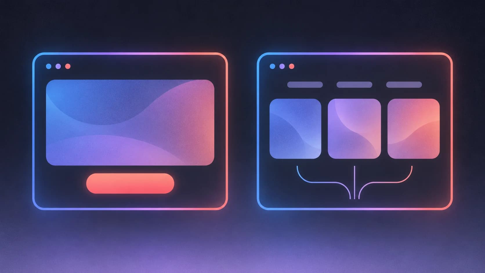 Two abstract webpages on charcoal: one with a single large content panel and action, the other with three cards and branching paths.