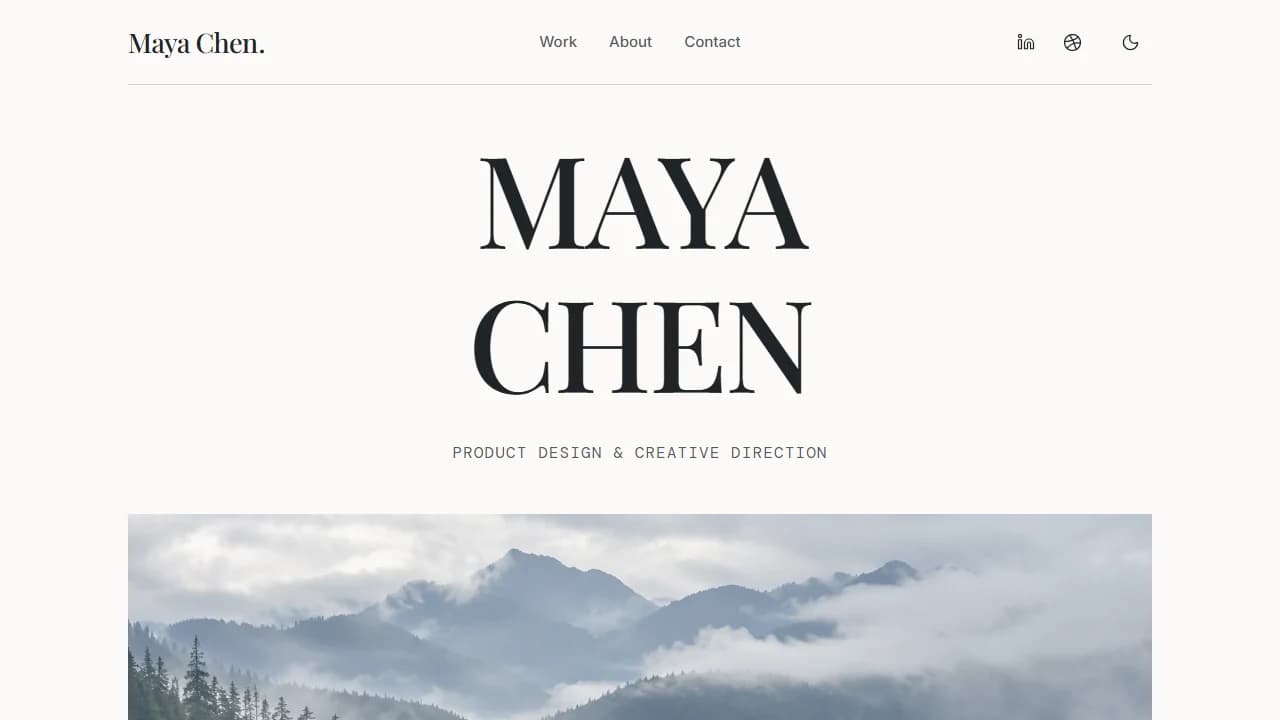 Maya Chen portfolio with upright black serif lettering, centred navigation and a photograph of forested mountains on a pale background