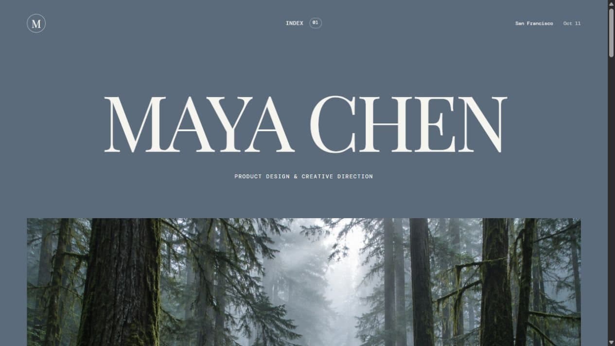 Maya Chen portfolio template with a slate blue canvas, large cream typography, and an atmospheric forest image
