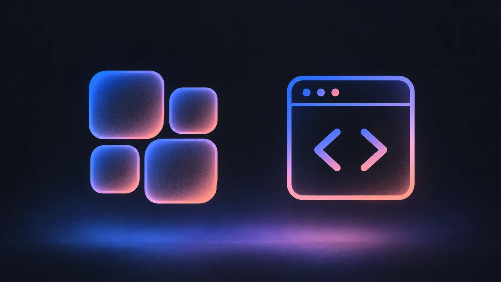 Four rounded modular blocks beside a code window outlined in blue, lavender and coral on a charcoal background.