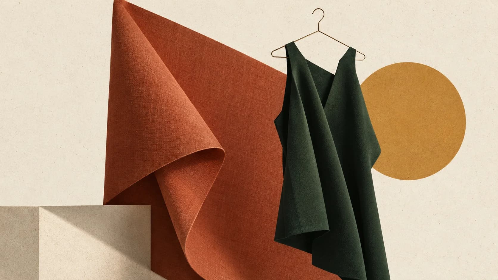 Editorial illustration of a dark green garment with a folded terracotta fabric plane and an ochre circle.