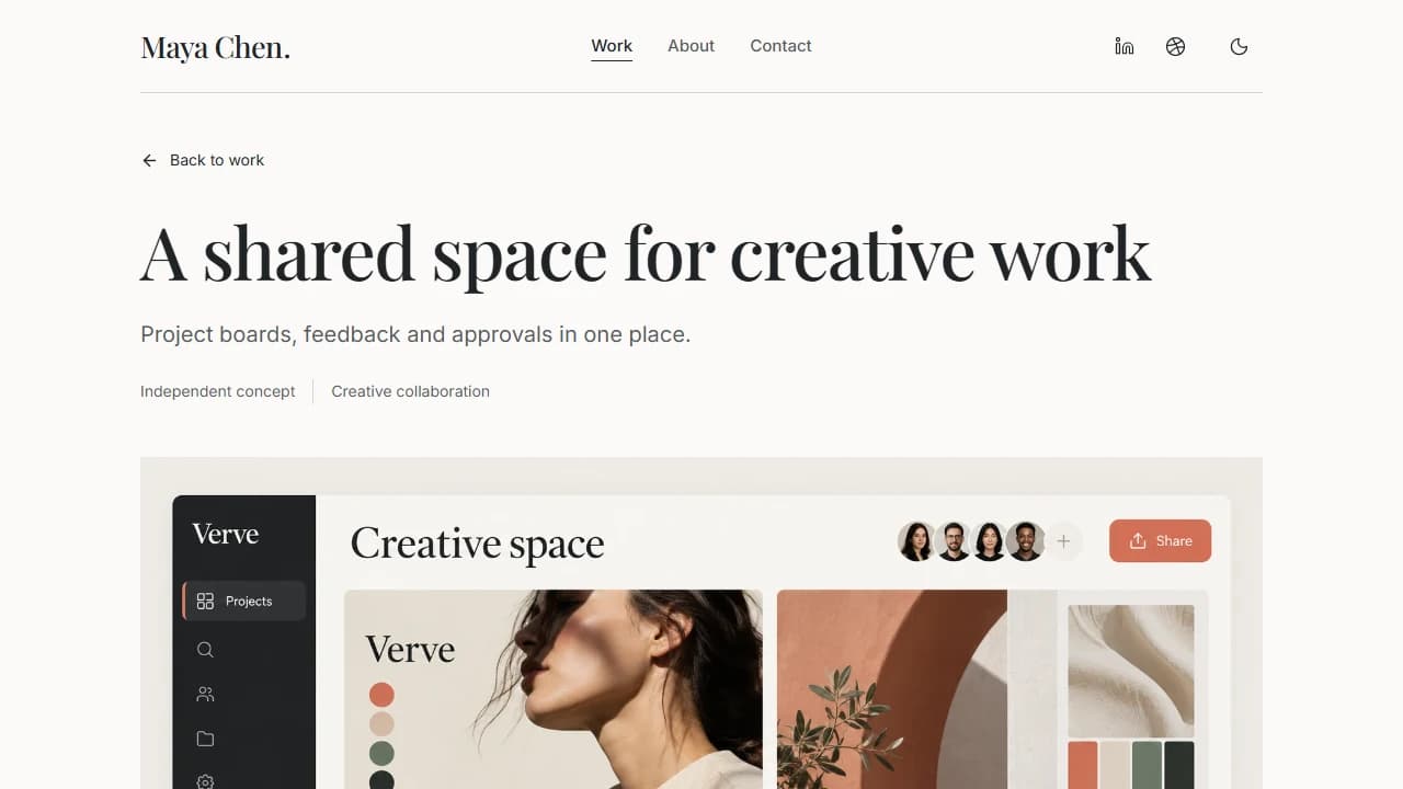 Verve concept case study with a project introduction and a large image of a creative collaboration workspace