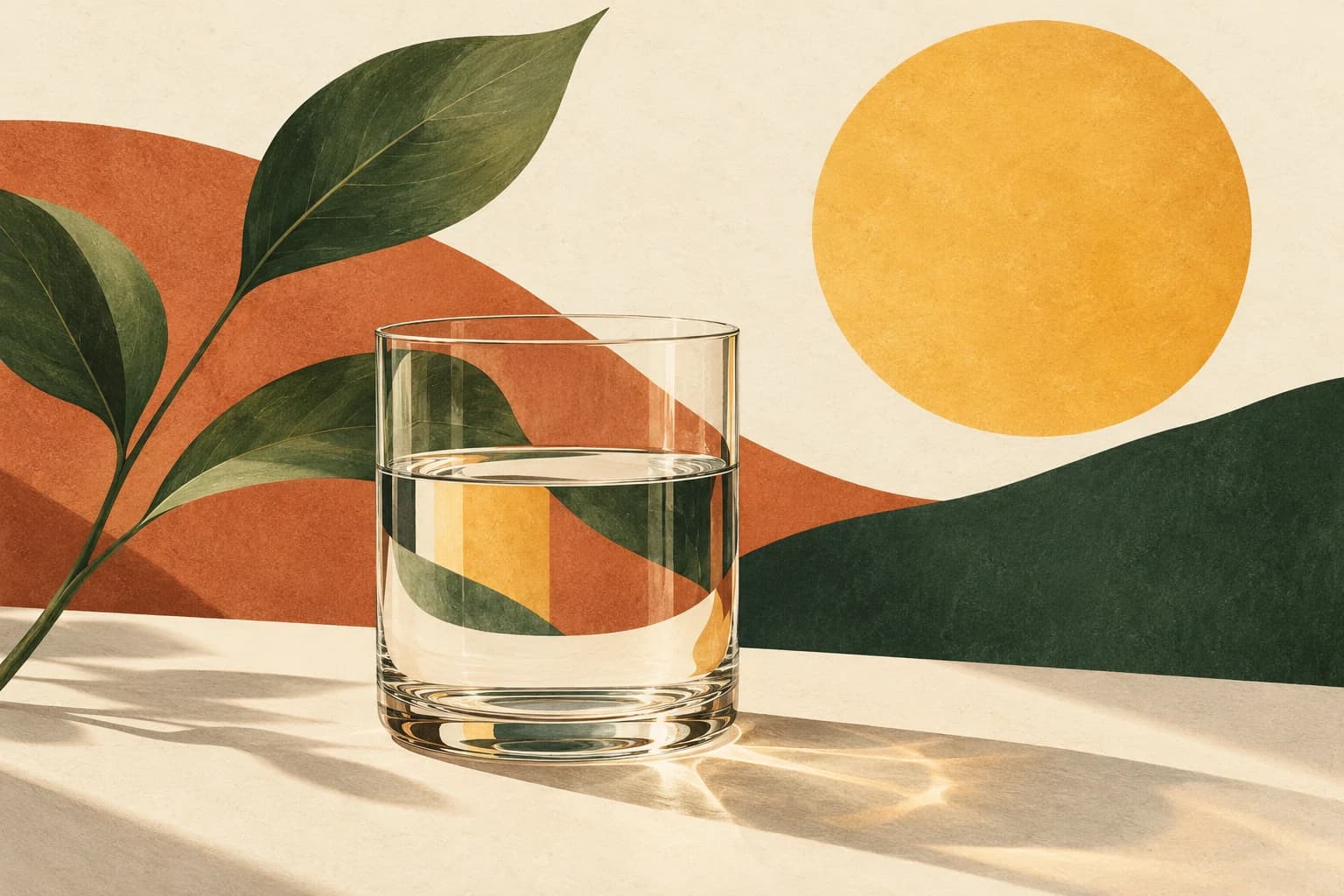 Editorial illustration of a glass of water, green leaves and a golden sun circle on textured ivory paper with terracotta shapes