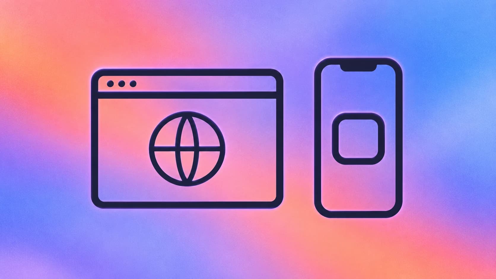A browser window containing a globe beside a phone containing an app tile on a coral, lavender and blue gradient.