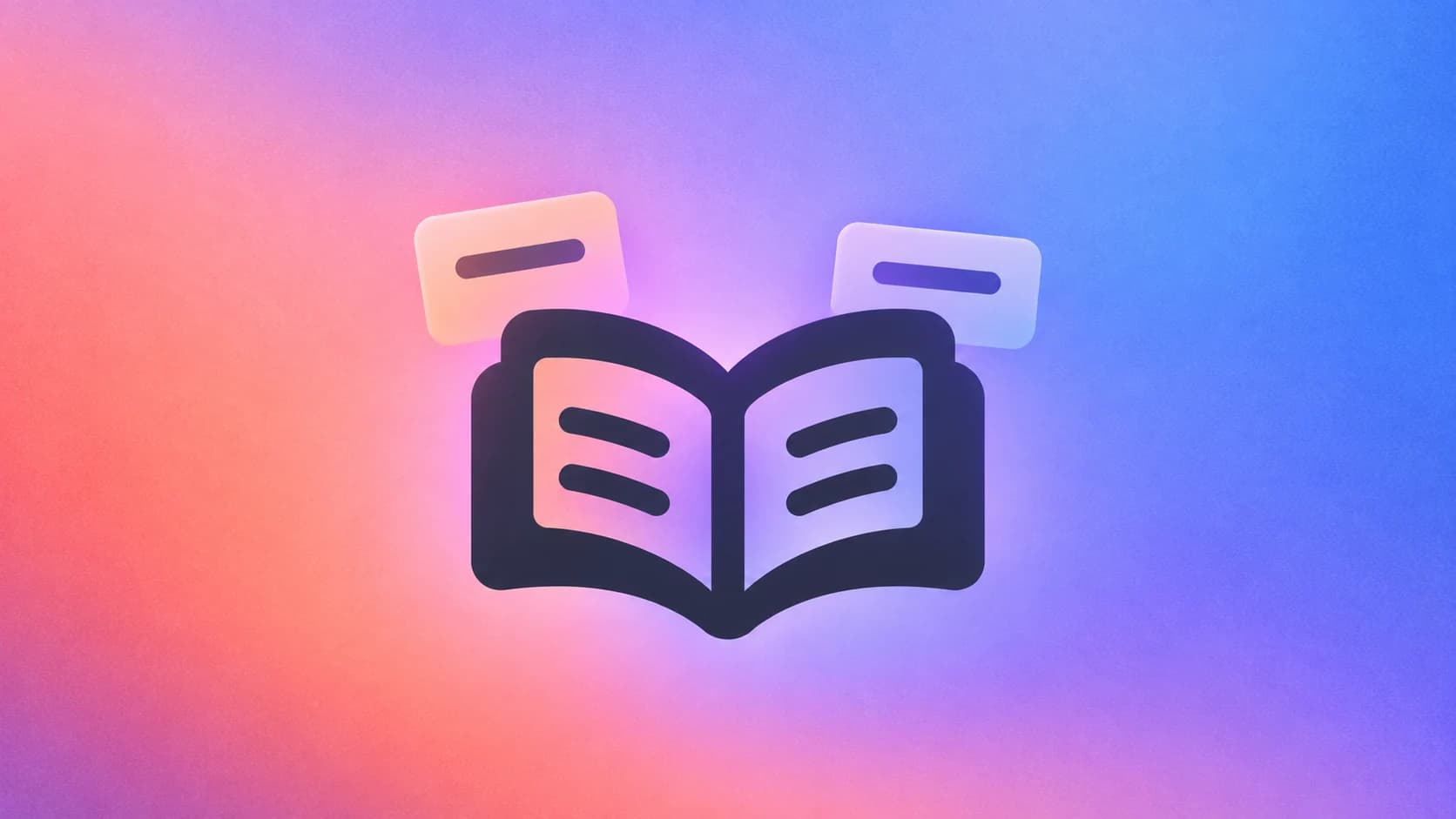An open book with two floating context cards on a soft coral, lavender and blue gradient.