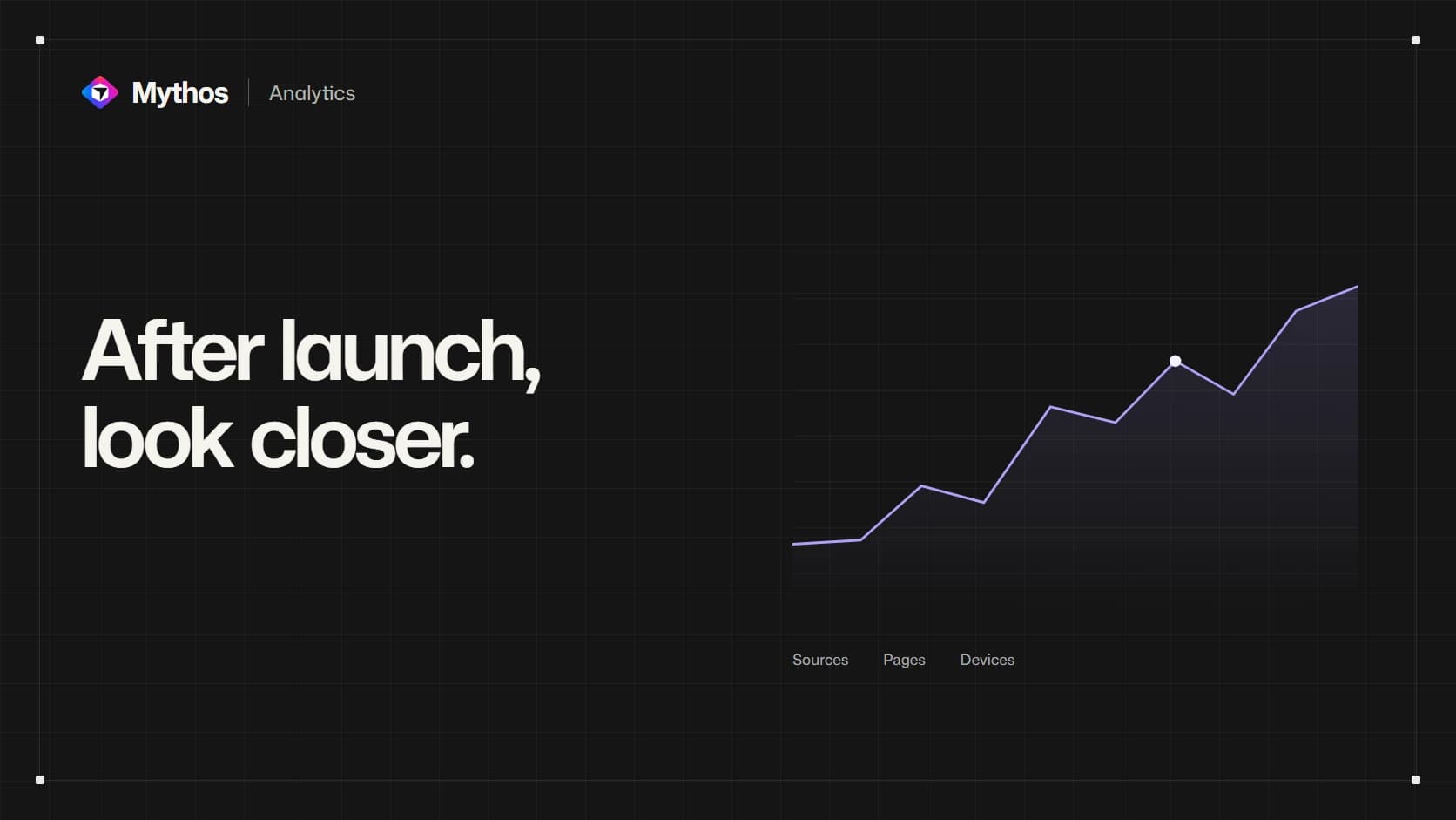 A fine line chart and labels for sources, pages and devices beside the words After launch, look closer.