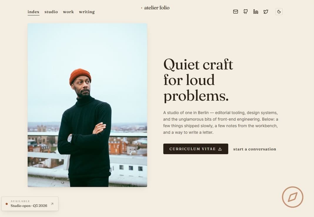 Atelier Folio portfolio template with a warm paper palette and editorial typography