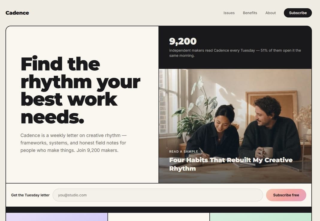 Cadence newsletter landing-page template arranged in a bento grid