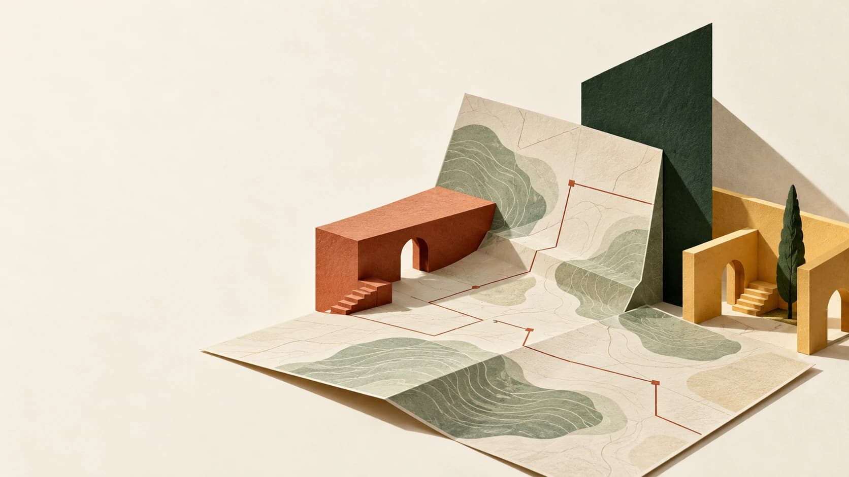 A folded paper map with an angular route and terracotta, forest-green and warm yellow architectural forms on ivory paper.