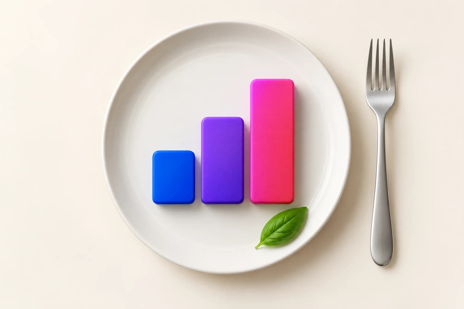 A white plate with three rising blue, violet and pink bars, a fork and a basil leaf