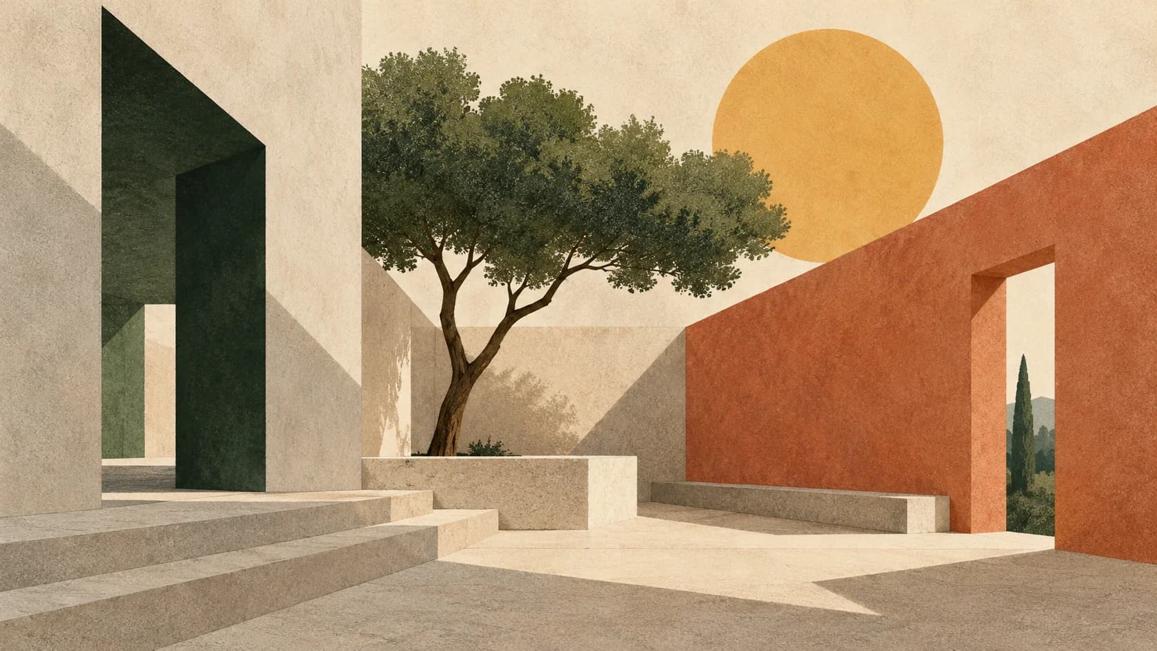 An editorial illustration of architectural planes, a window and a tree on a warm paper background.