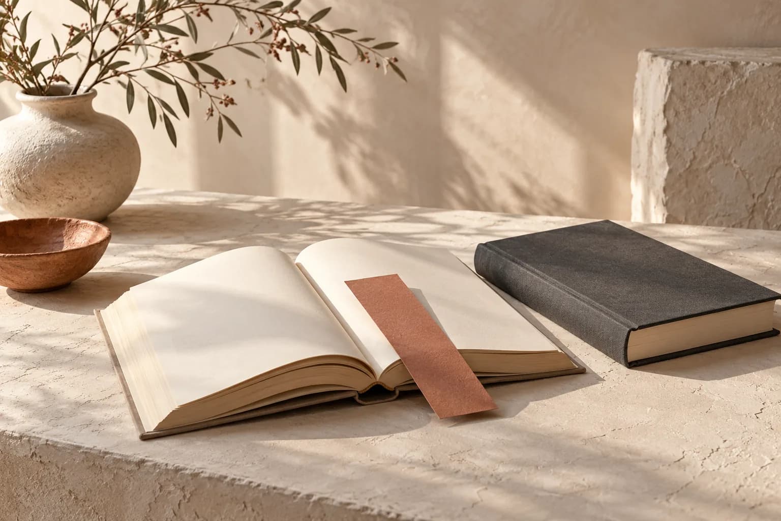 An open notebook, a closed book and a vase on a sunlit table