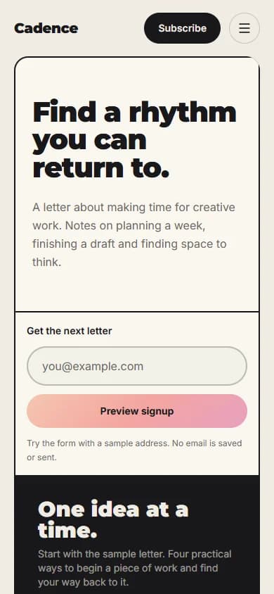 Cadence mobile homepage with the publication introduction and demonstration email signup form