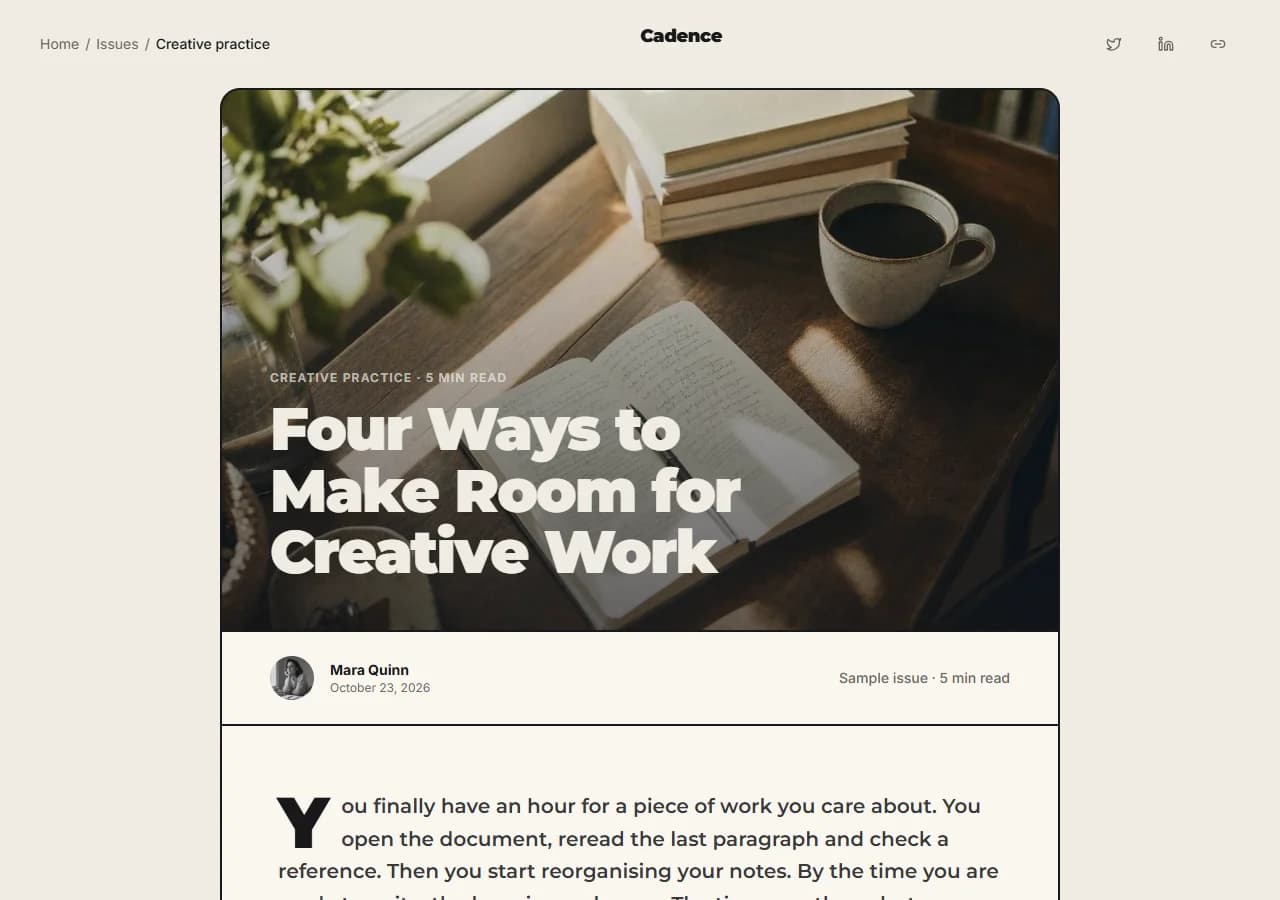 Cadence sample issue headed Four Ways to Make Room for Creative Work over a cover photograph