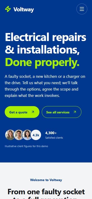 The Voltway homepage on a phone, with its service introduction and request-a-quote button.
