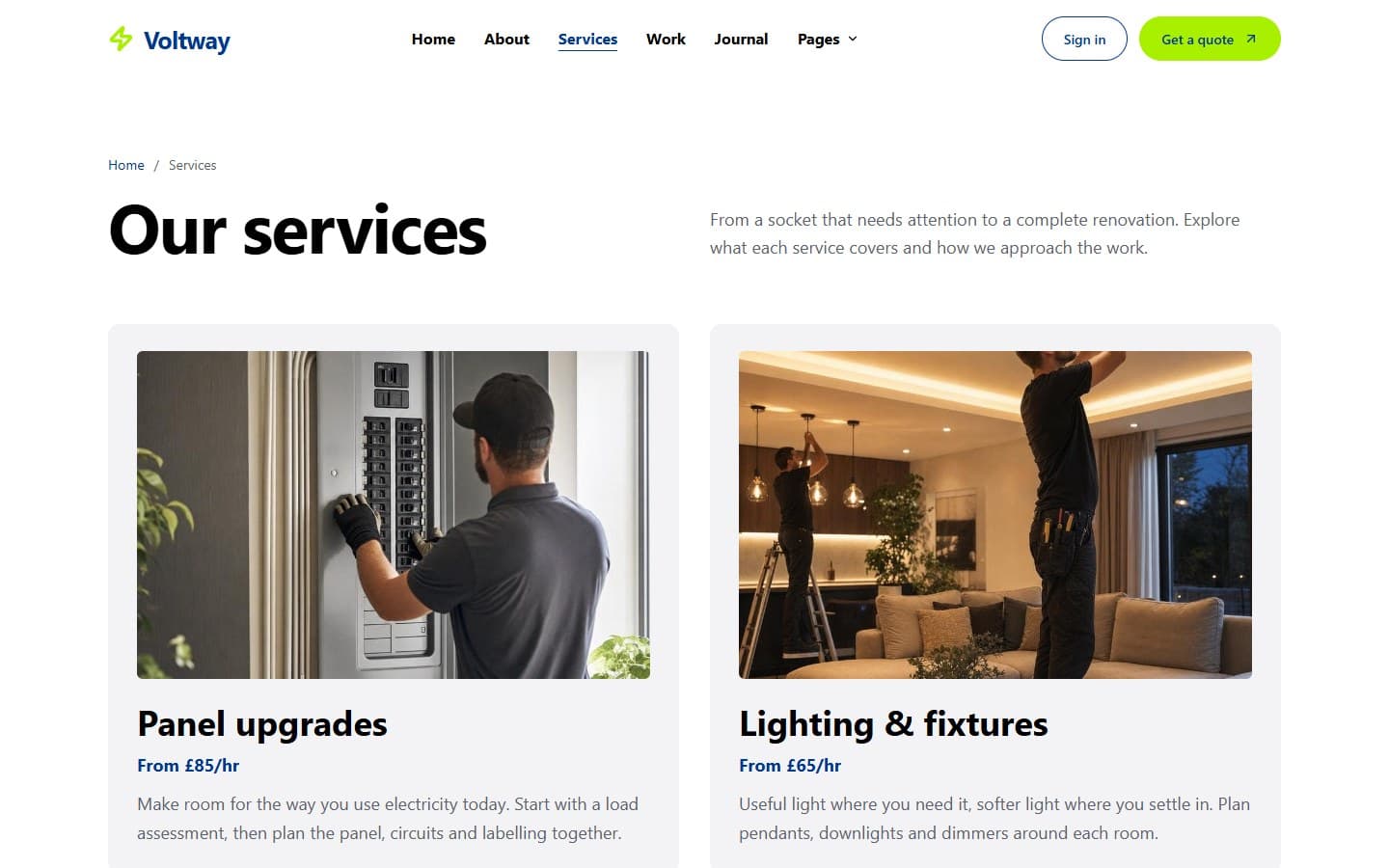 Voltway's services page with photographs, short service descriptions and links to the details.