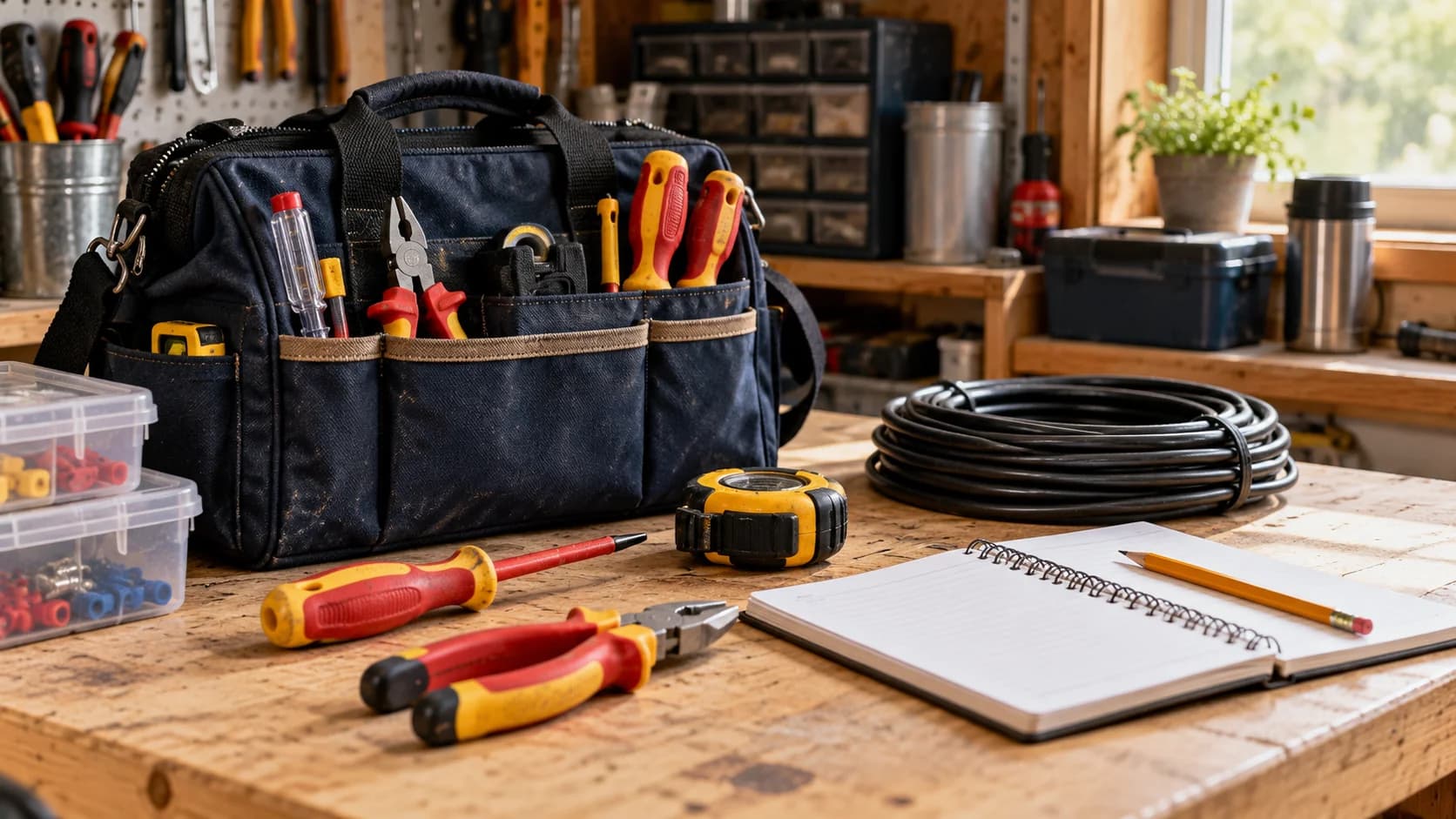 An electrician's tool bag, insulated hand tools and notebook on a sunlit wooden workbench.