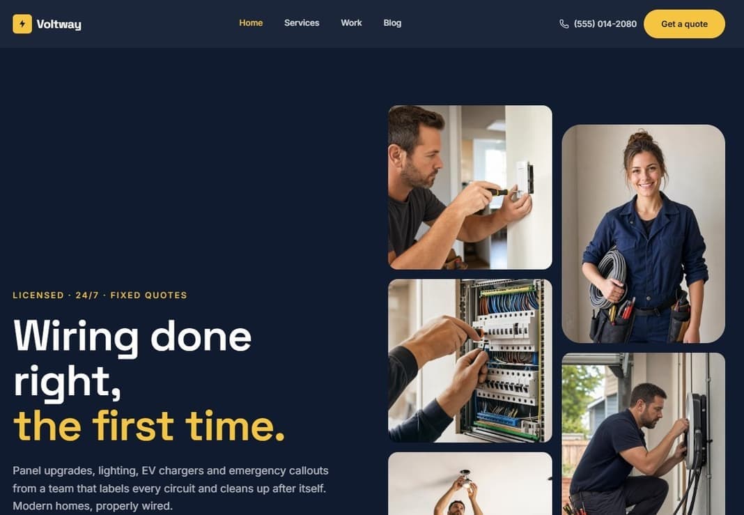Voltway services website template with a navy and amber trade-business design